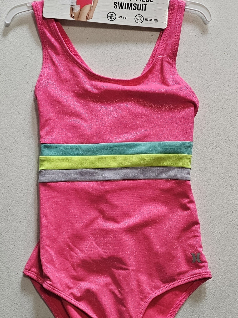 Hurley Hot Pink Girls' One-Piece Swimsuit with Aqua, Lime and Silver Stripes